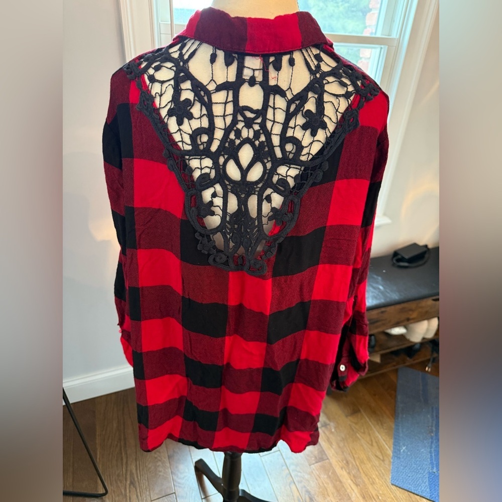 Womens Red /Black Buffalo Plaid Shirt with Lace Back Super Soft Made in India 2X